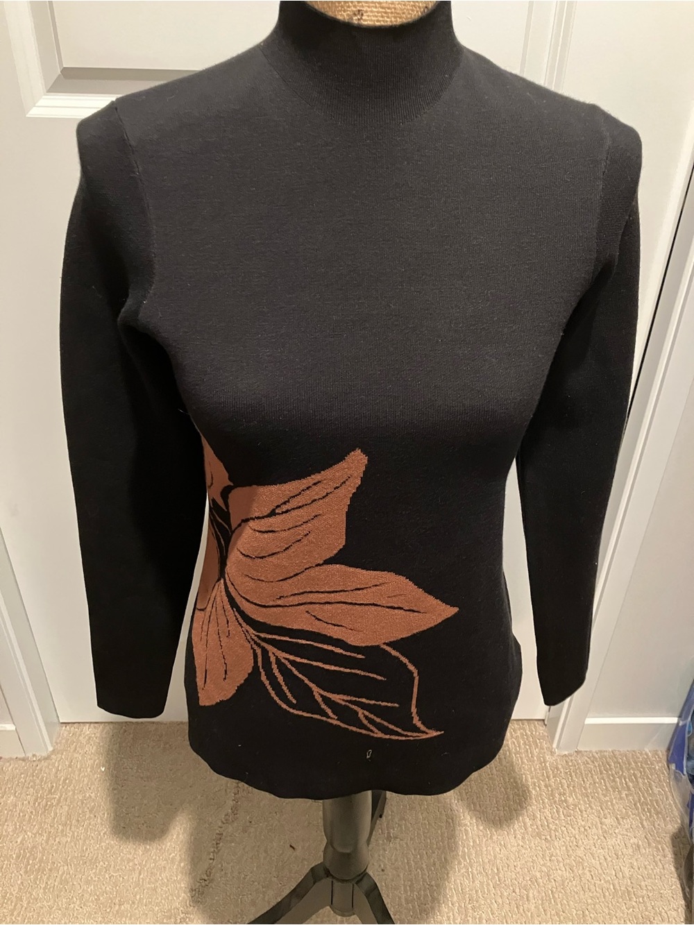CHARLIE B Black Mock Neck Sweater with Brown Floral Intarsia